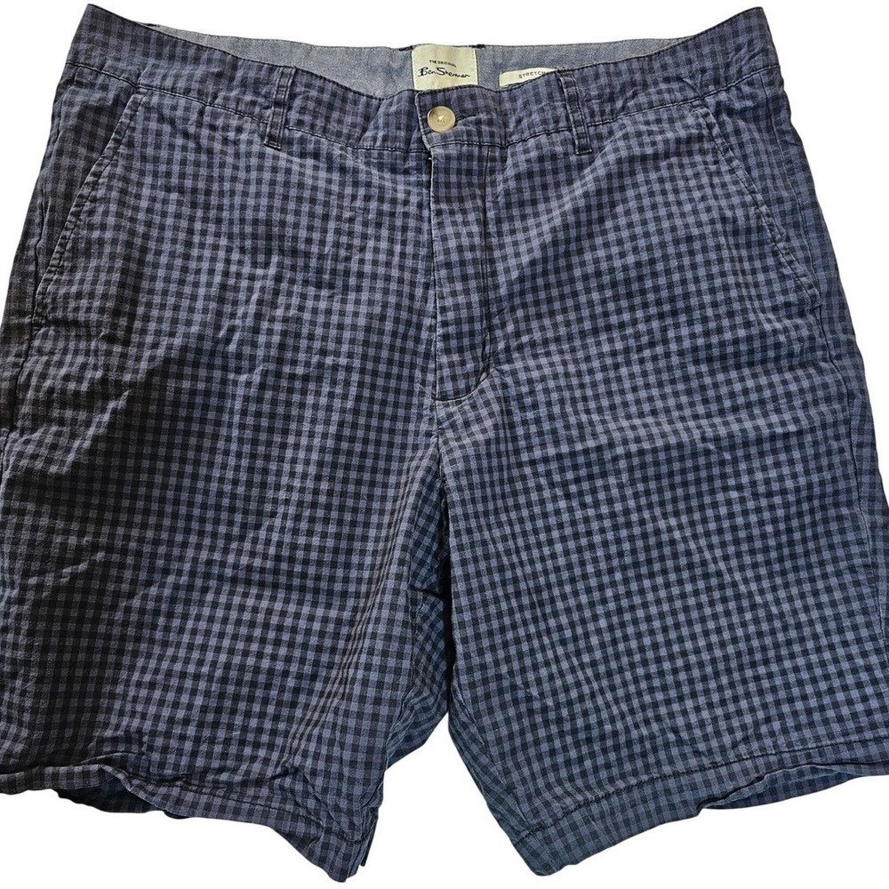 Ben Sherman Navy Blue Gingham Check Stretch Chino Shorts Size‎ 36W
